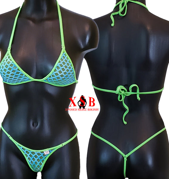Xposed Skinz Bikinis x120 Diamond Mesh Micro Bikini String Lime - Lime Blue