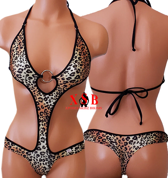 Xposed Skinz Bikinis Sexy x155 Leopard Monokini One Piece Thong - Brown Leopard