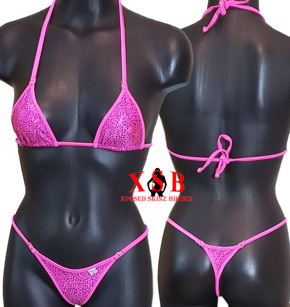 Xposed Skinz Bikinis x100 Vixen G-String Micro Shiny Bikini Thong - Hot Pink