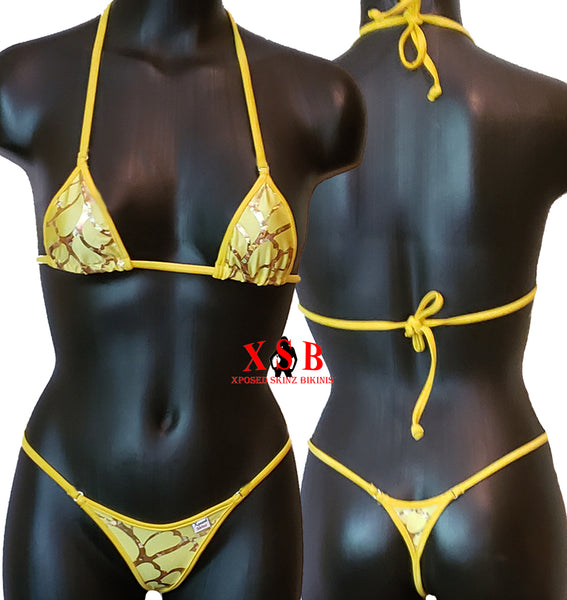 Xposed Skinz Bikinis x100 Vixen G-String Micro Shiny Bikini Thong - Yellow Gold