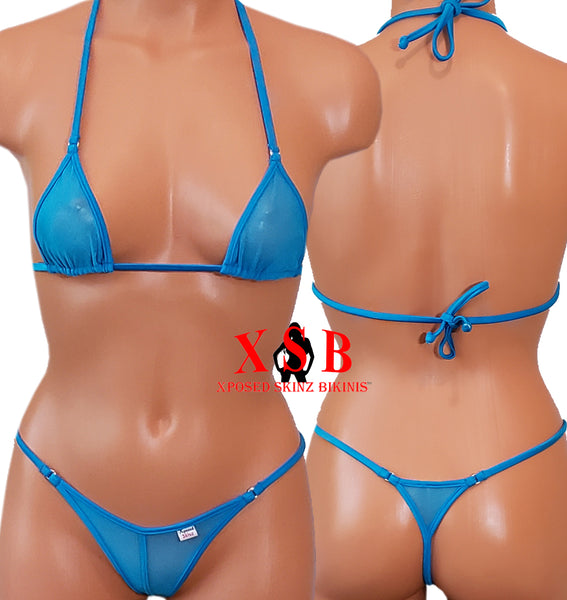Xposed Skinz Bikinis x105 Sexy Sheer Mesh Thong Triangle Back - Turquoise Blue
