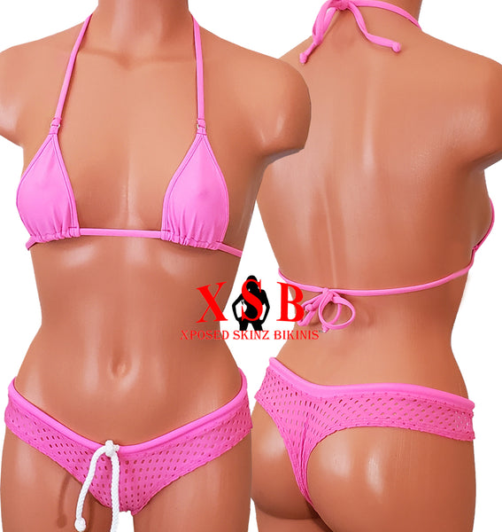 Xposed Skinz Bikinis x111 Drawstring Jersey Mesh Micro Bikini Shorts - Hot Pink
