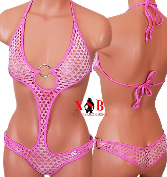 Xposed Skinz Bikinis Sexy x155 Diamond Mesh Monokini One Piece - Pink