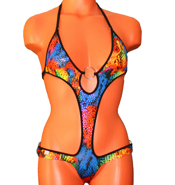 Xposed Skinz Bikinis Sexy x155 Floral Sequin One Piece Solid O-Ring Thong