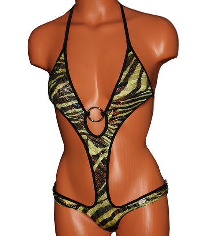 Xposed Skinz Bikinis Sexy x155 Zebra Gold Monokini One Piece Thong - Brown Gold