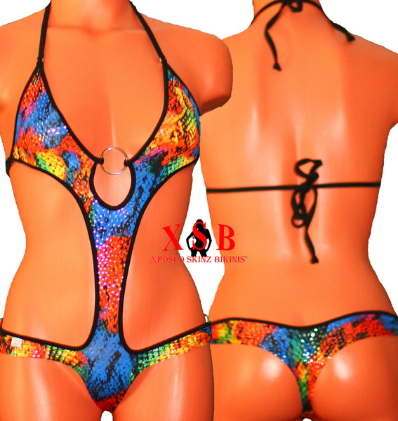 Xposed Skinz Bikinis Sexy x155 Floral Sequin One Piece Solid O-Ring Thong