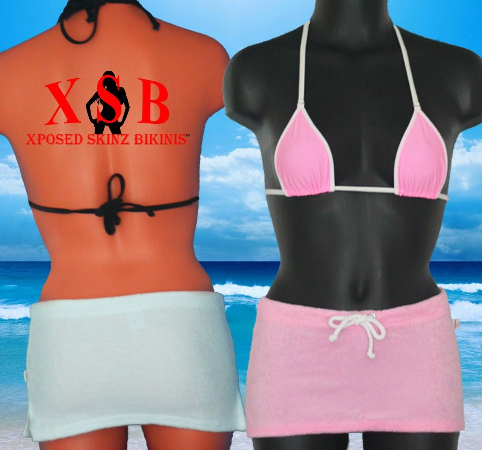 Xposed Skinz Bikinis x770 Sexy Terry Beach Micro Bikini Skirt Mesh Pink White, Swimwear- Xposed Skinz Bikinis